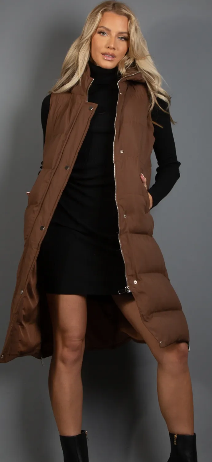 Longline Hooded Puffer Gilet (with side of leg zips to hips)