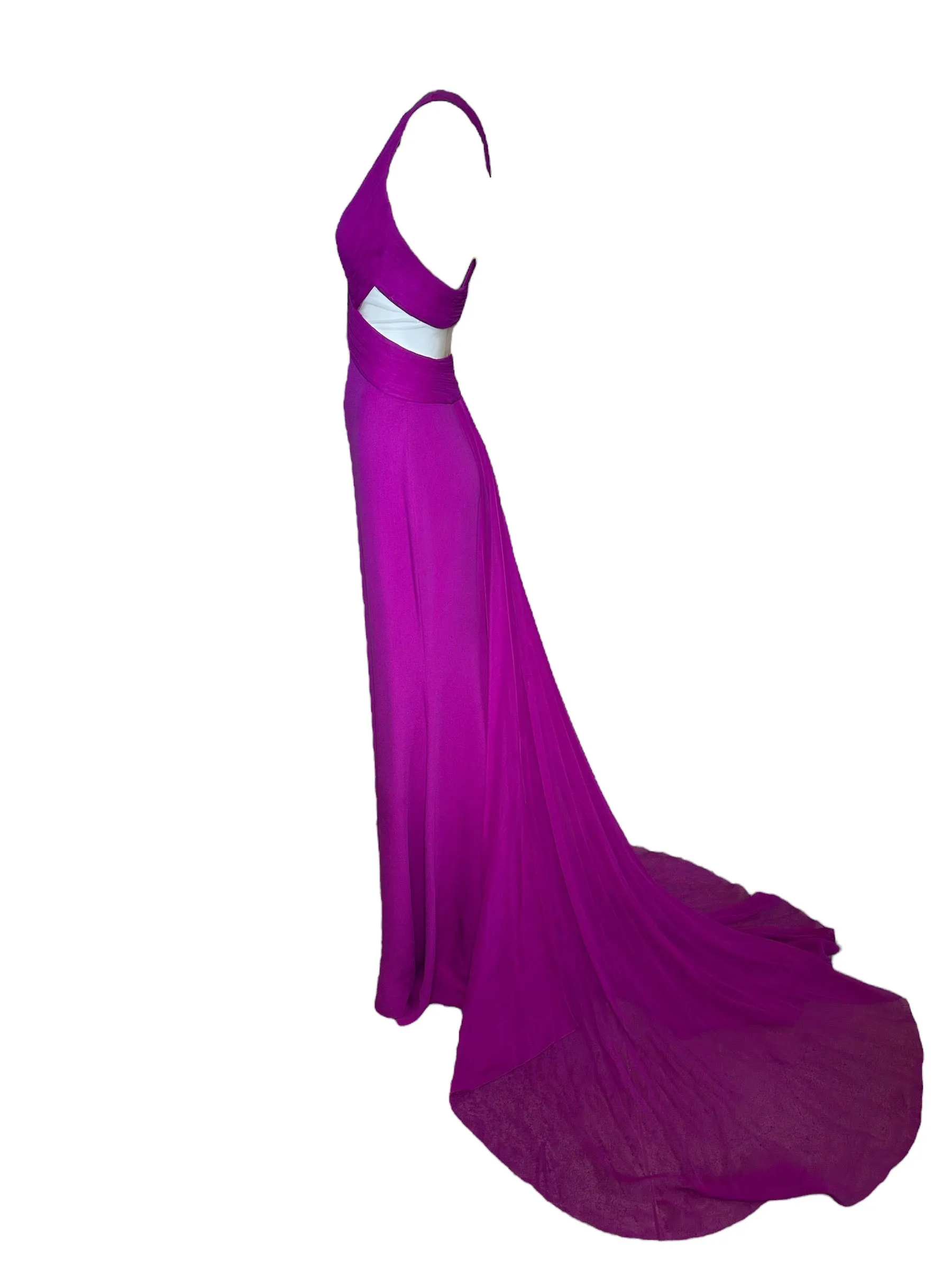 Lorena Sarbu Magenta Mesh Cut Silk Red Carpet Gown