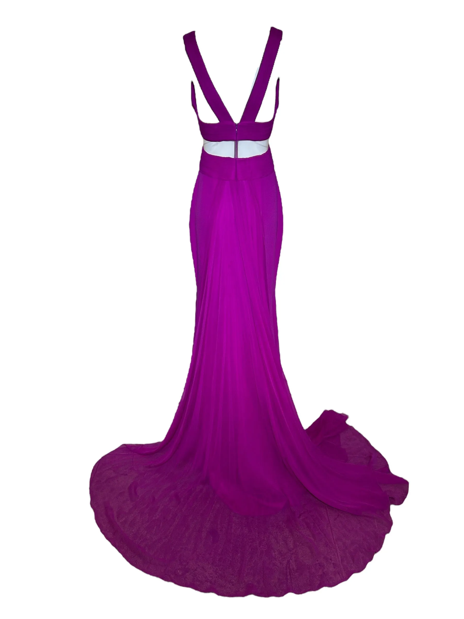Lorena Sarbu Magenta Mesh Cut Silk Red Carpet Gown