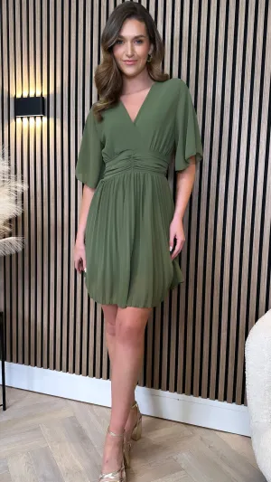 Lula Khaki V Neckline Pleated Mini Dress
