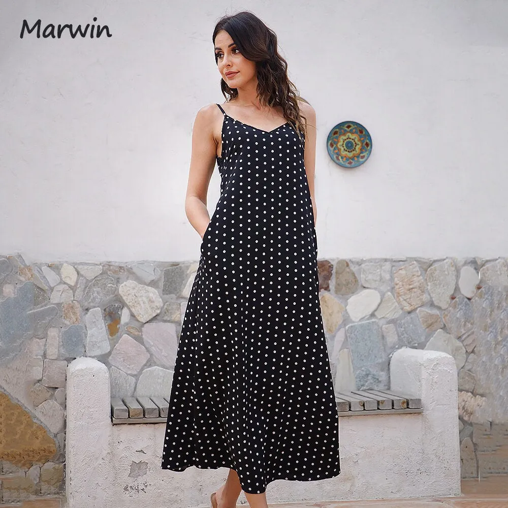 MARWIN Simply Casual Polka Dot Spaghetti Strap Pockets Maxi Dress