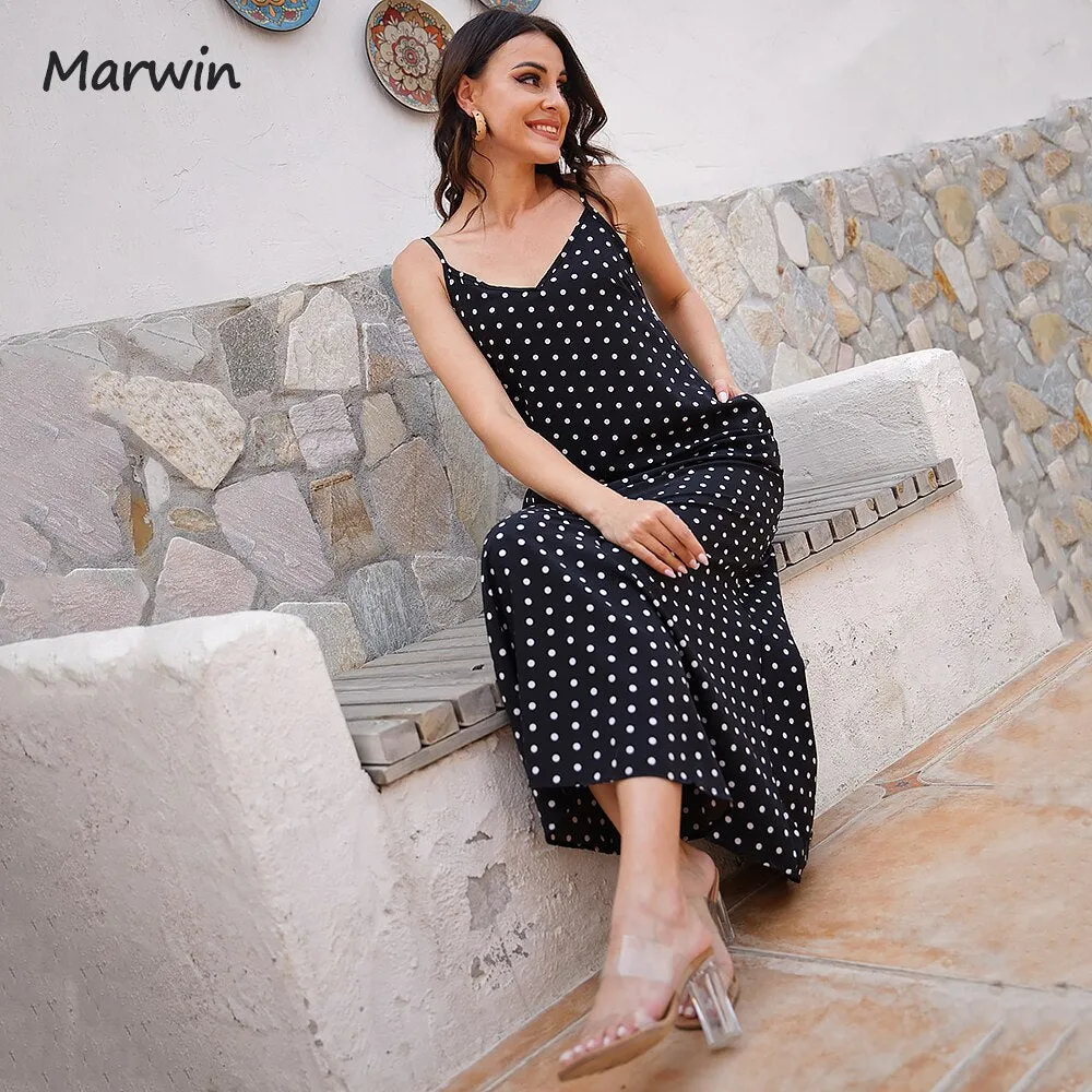 MARWIN Simply Casual Polka Dot Spaghetti Strap Pockets Maxi Dress