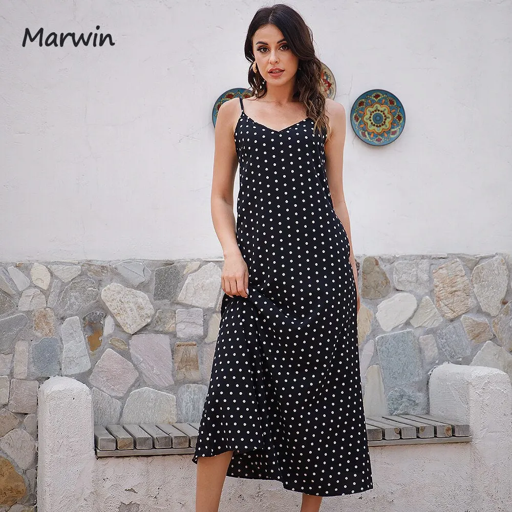 MARWIN Simply Casual Polka Dot Spaghetti Strap Pockets Maxi Dress