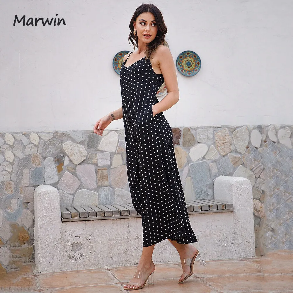 MARWIN Simply Casual Polka Dot Spaghetti Strap Pockets Maxi Dress