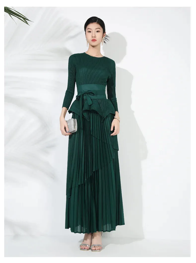 Maxi Skirt Set with Pleated Long Sleeve Top