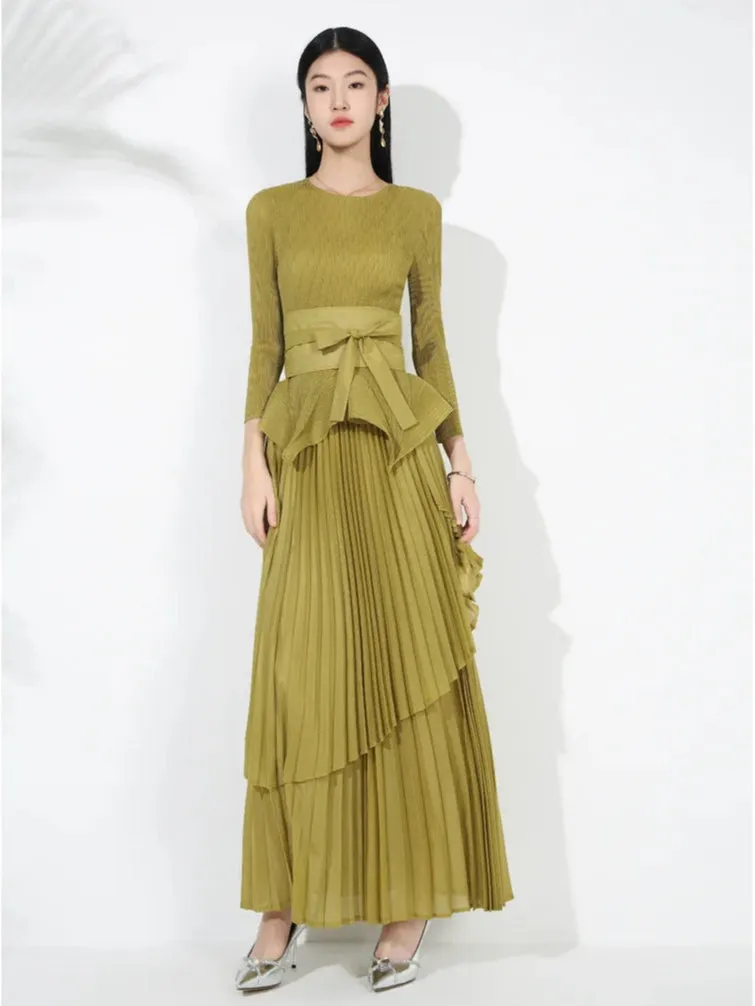 Maxi Skirt Set with Pleated Long Sleeve Top