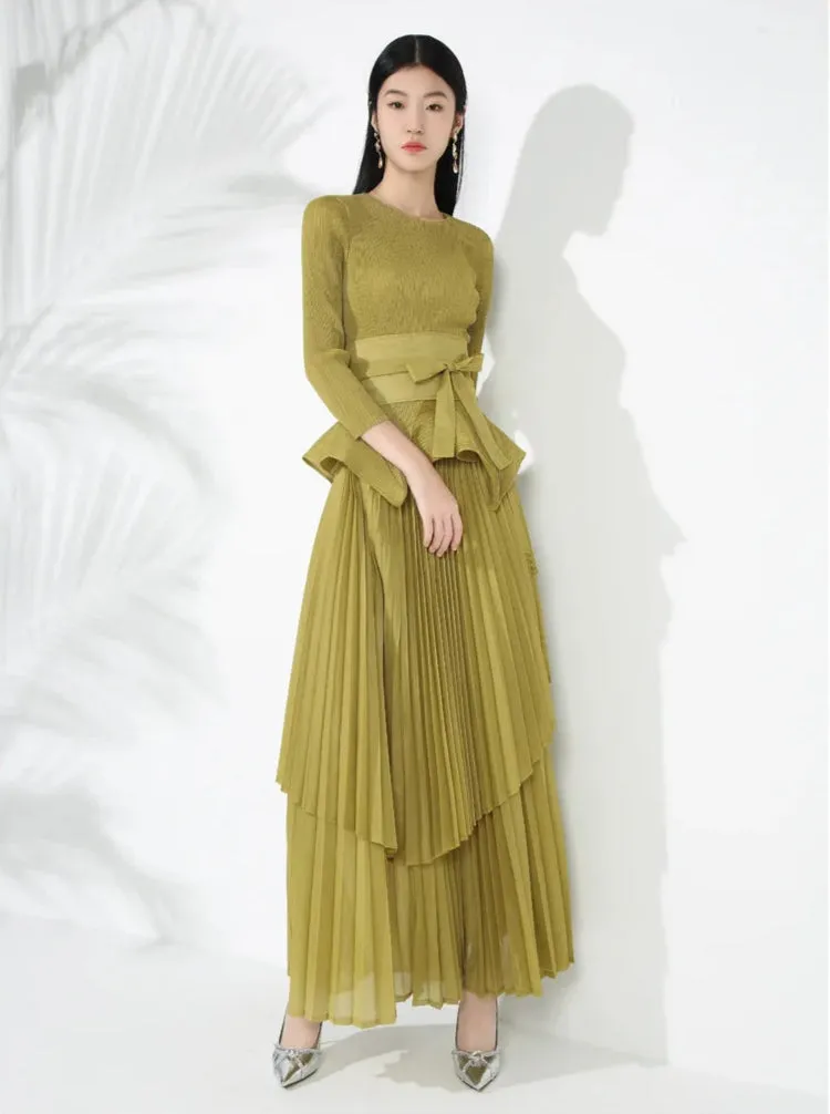 Maxi Skirt Set with Pleated Long Sleeve Top