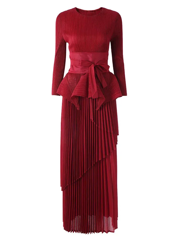 Maxi Skirt Set with Pleated Long Sleeve Top