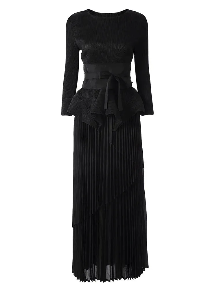 Maxi Skirt Set with Pleated Long Sleeve Top