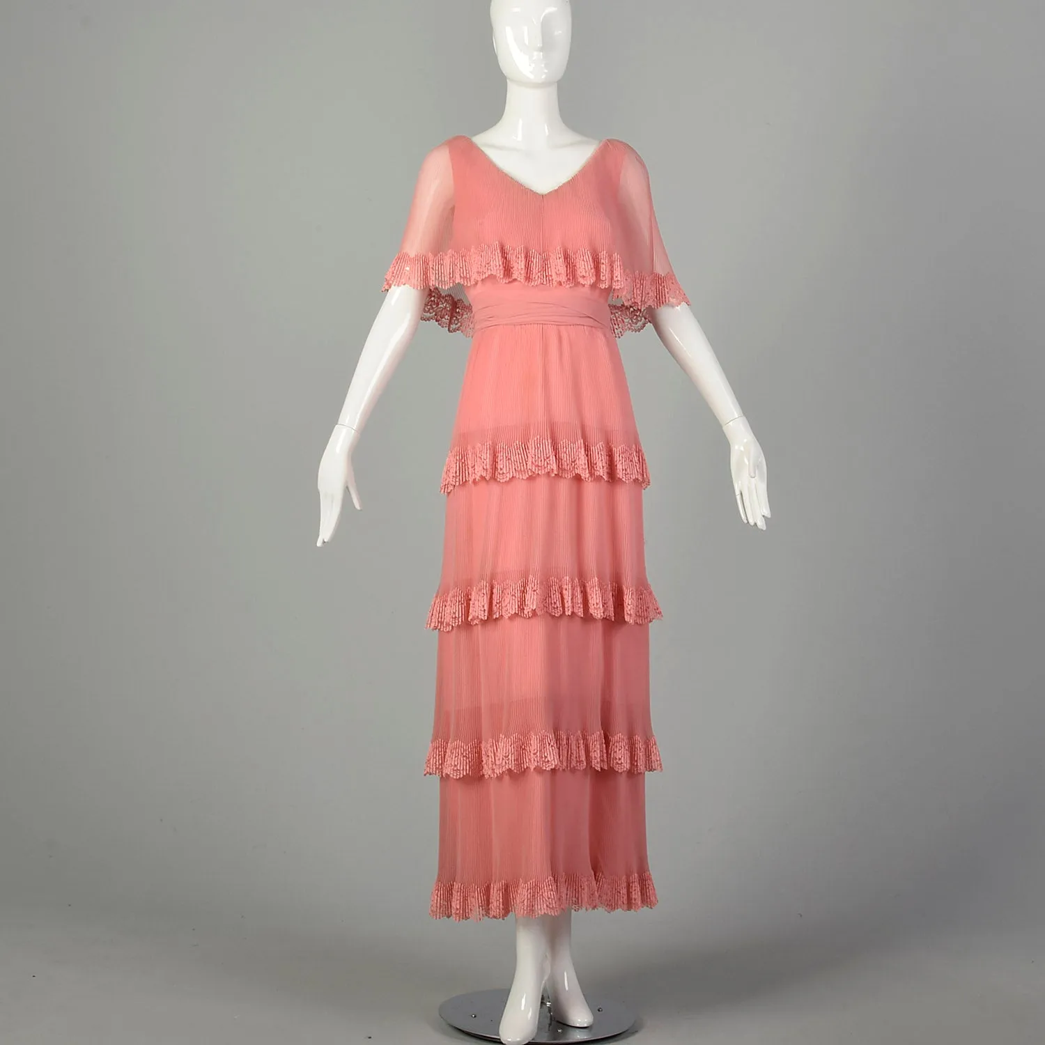 Medium 1970s Miss Elliette Dress Pleated Tiered Maxi Gown Pink Lace Capelet
