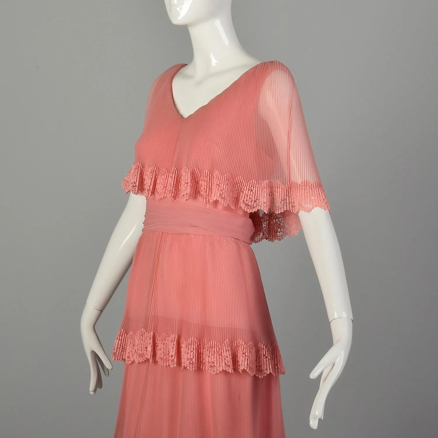 Medium 1970s Miss Elliette Dress Pleated Tiered Maxi Gown Pink Lace Capelet