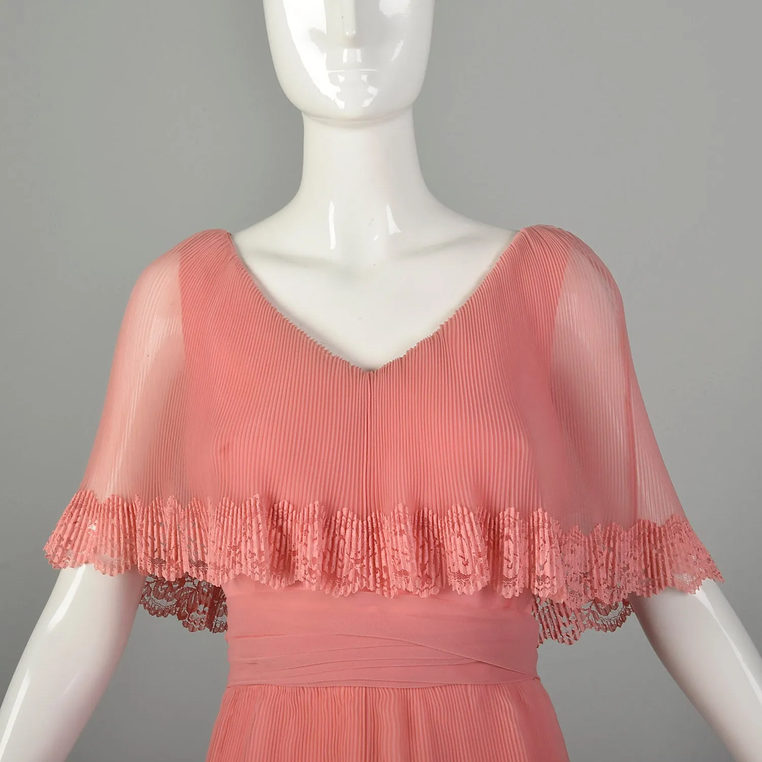 Medium 1970s Miss Elliette Dress Pleated Tiered Maxi Gown Pink Lace Capelet