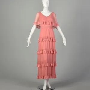 Medium 1970s Miss Elliette Dress Pleated Tiered Maxi Gown Pink Lace Capelet