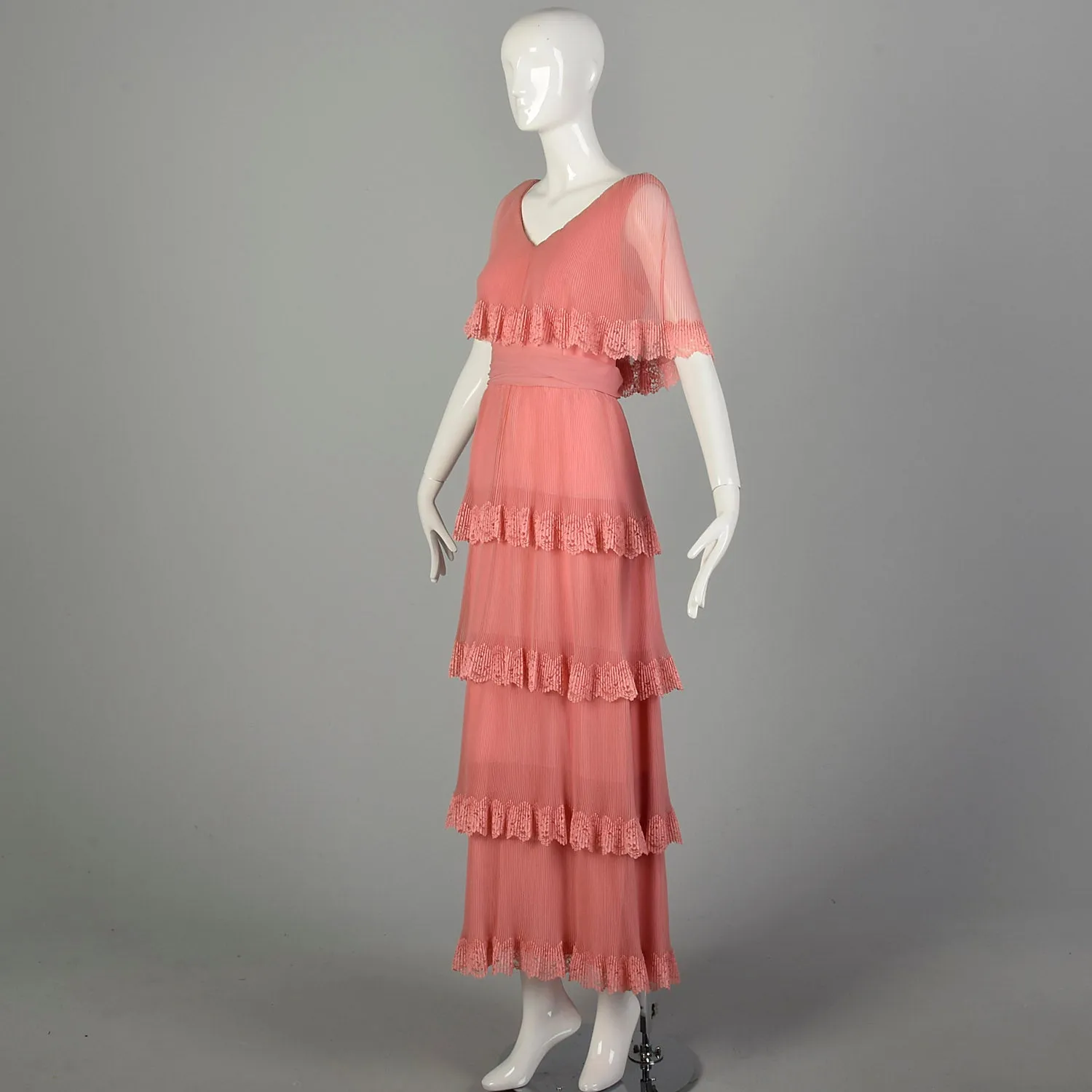 Medium 1970s Miss Elliette Dress Pleated Tiered Maxi Gown Pink Lace Capelet