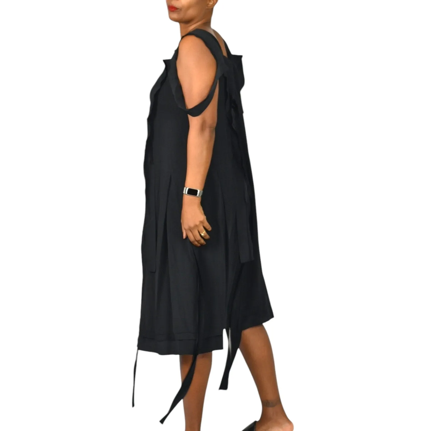 MeimeiJ Draped Dress Black Cutout Cold Shoulder Strappy Silk Blend Midi Wearable Art 8