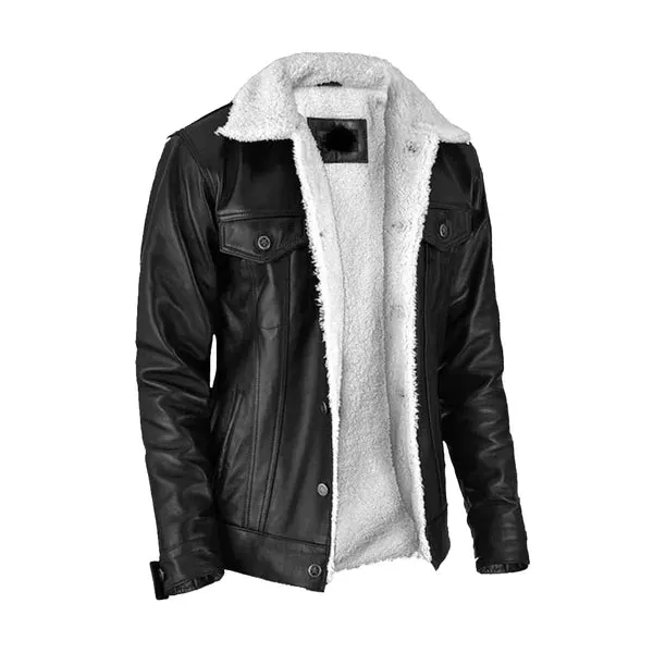 Men's Black Aviator Faux Shearling Leather Jacket