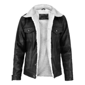 Men's Black Aviator Faux Shearling Leather Jacket