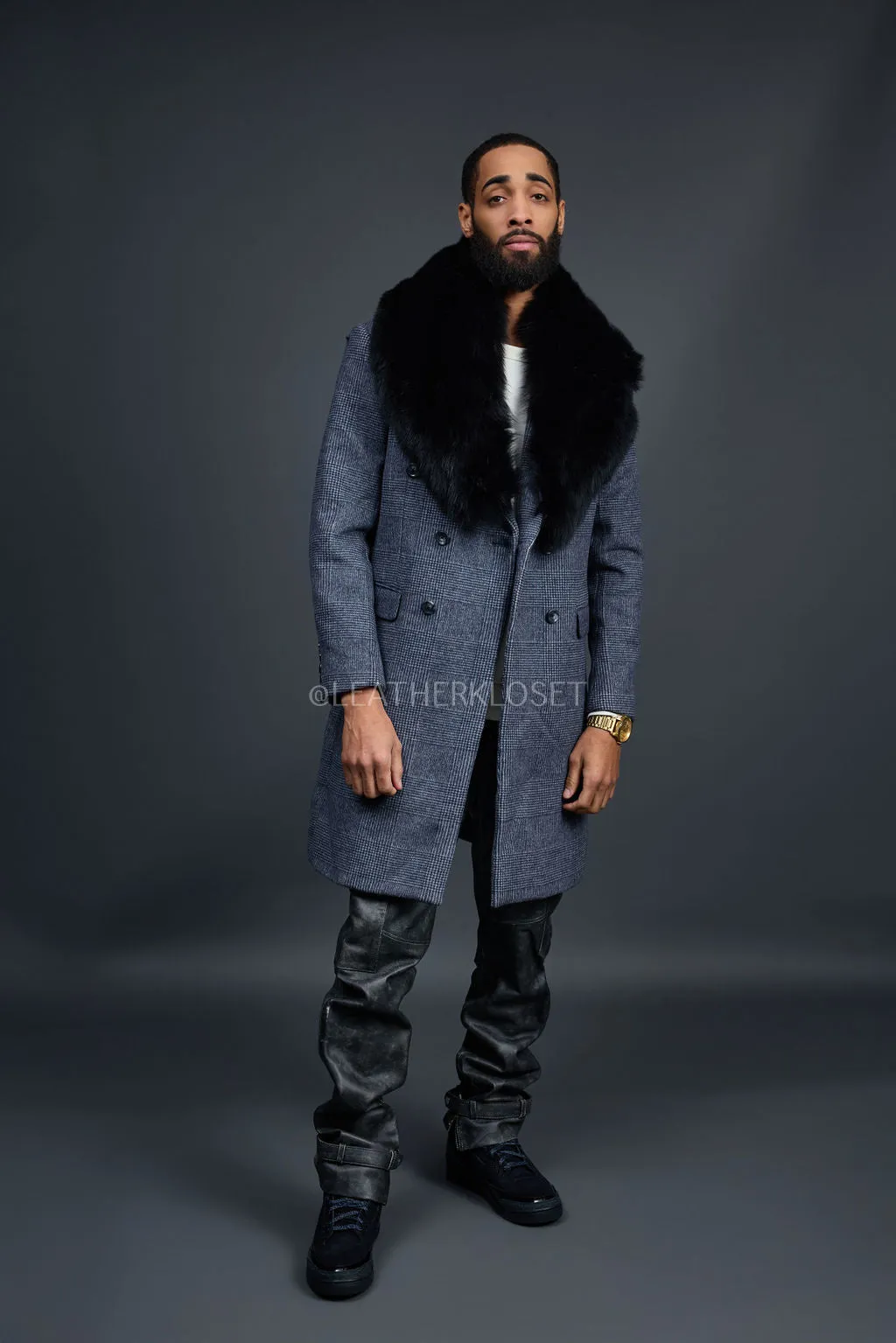 Men's Cashmere Trench Coat Grey With Fox Collar [Black Fox]