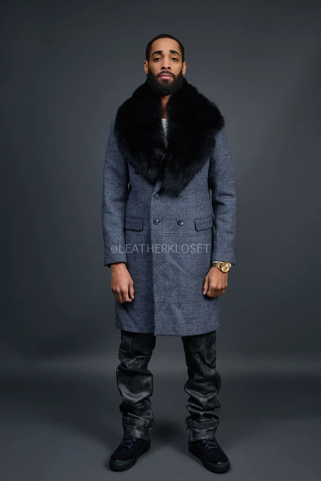 Men's Cashmere Trench Coat Grey With Fox Collar [Black Fox]