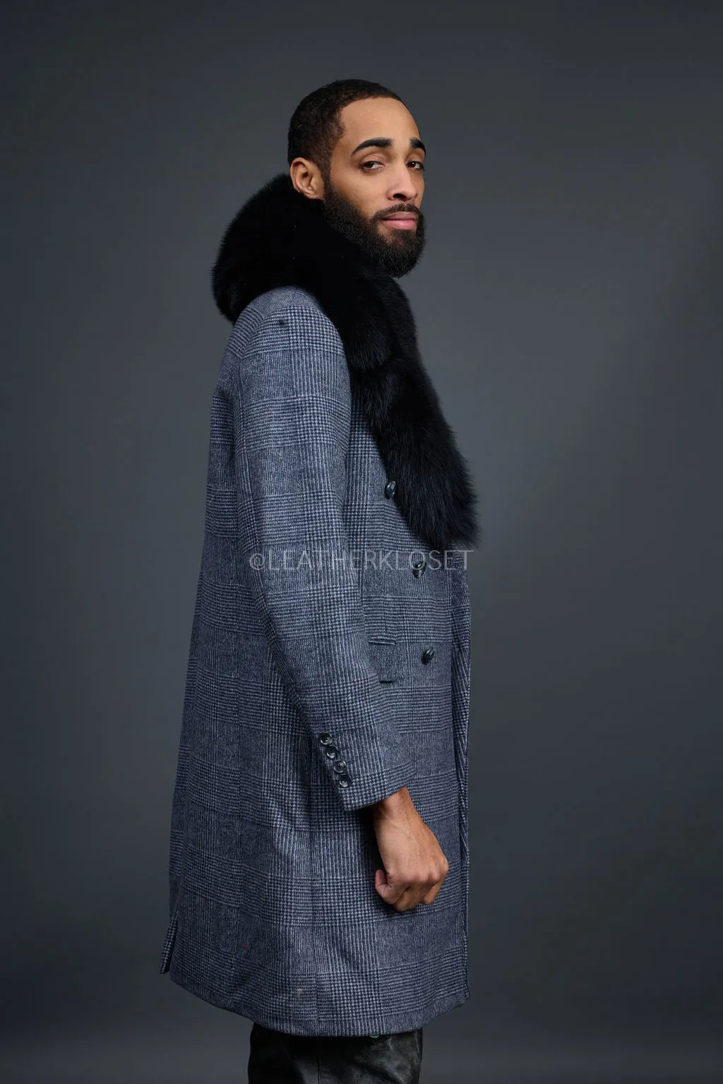 Men's Cashmere Trench Coat Grey With Fox Collar [Black Fox]