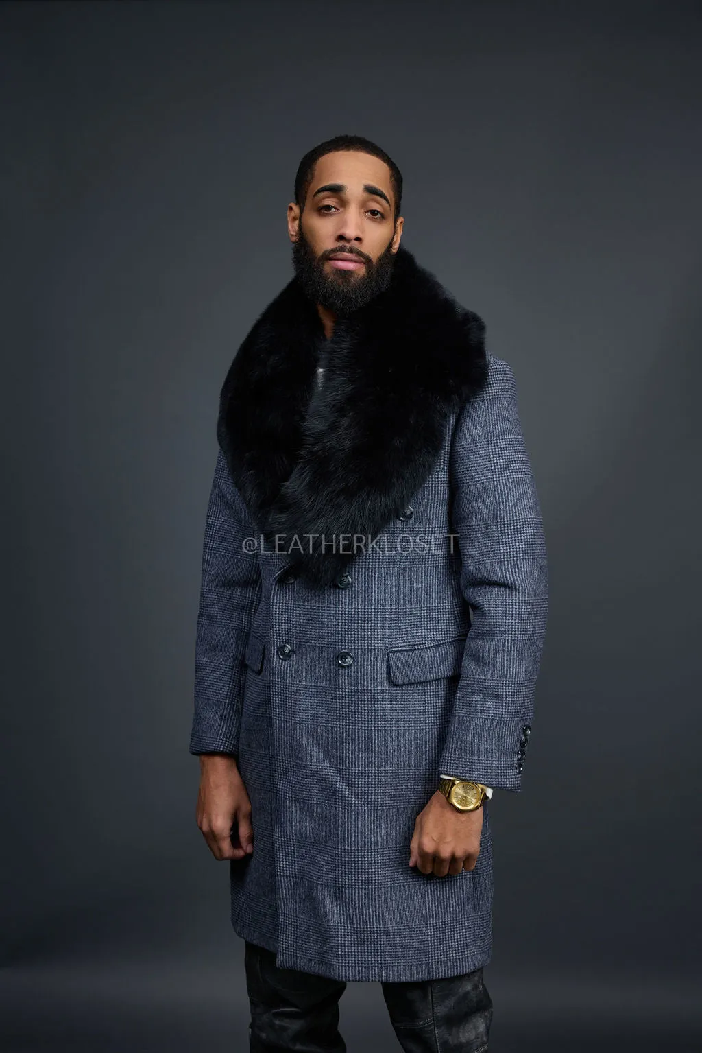 Men's Cashmere Trench Coat Grey With Fox Collar [Black Fox]