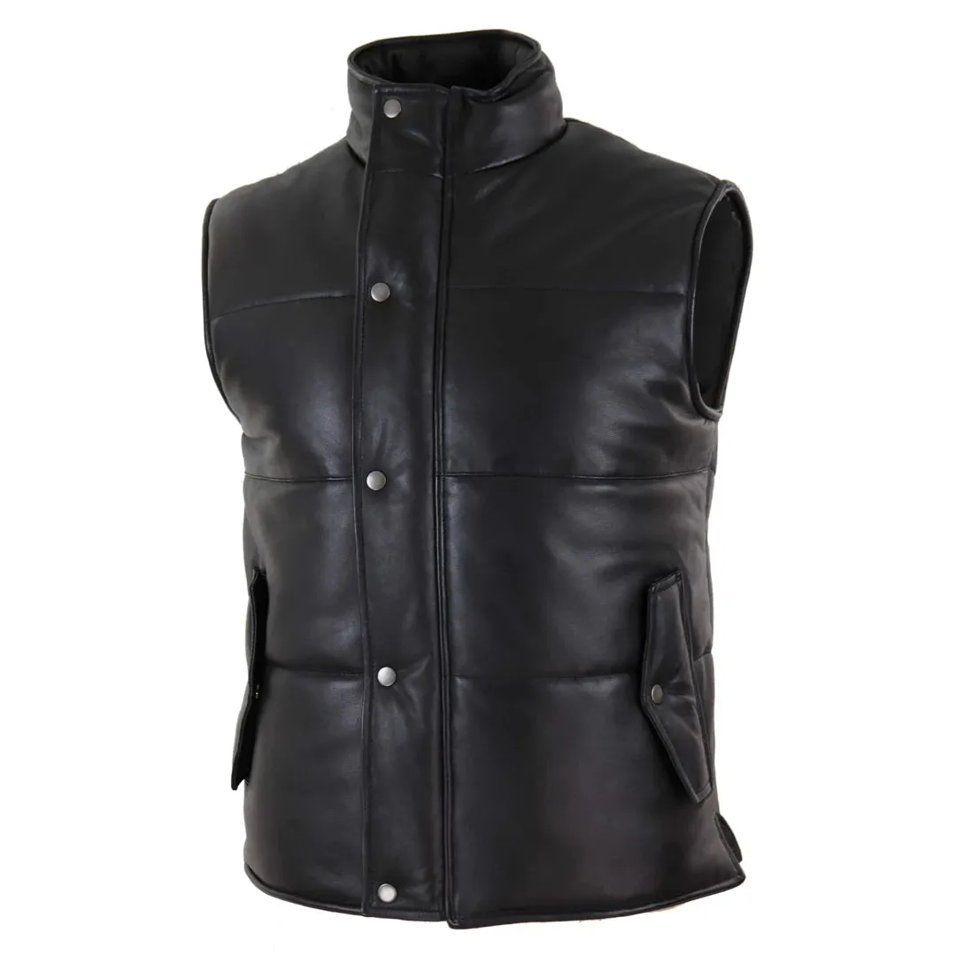 Men's Leather Waistcoat Gilet Quilted Puffer Warm Zip