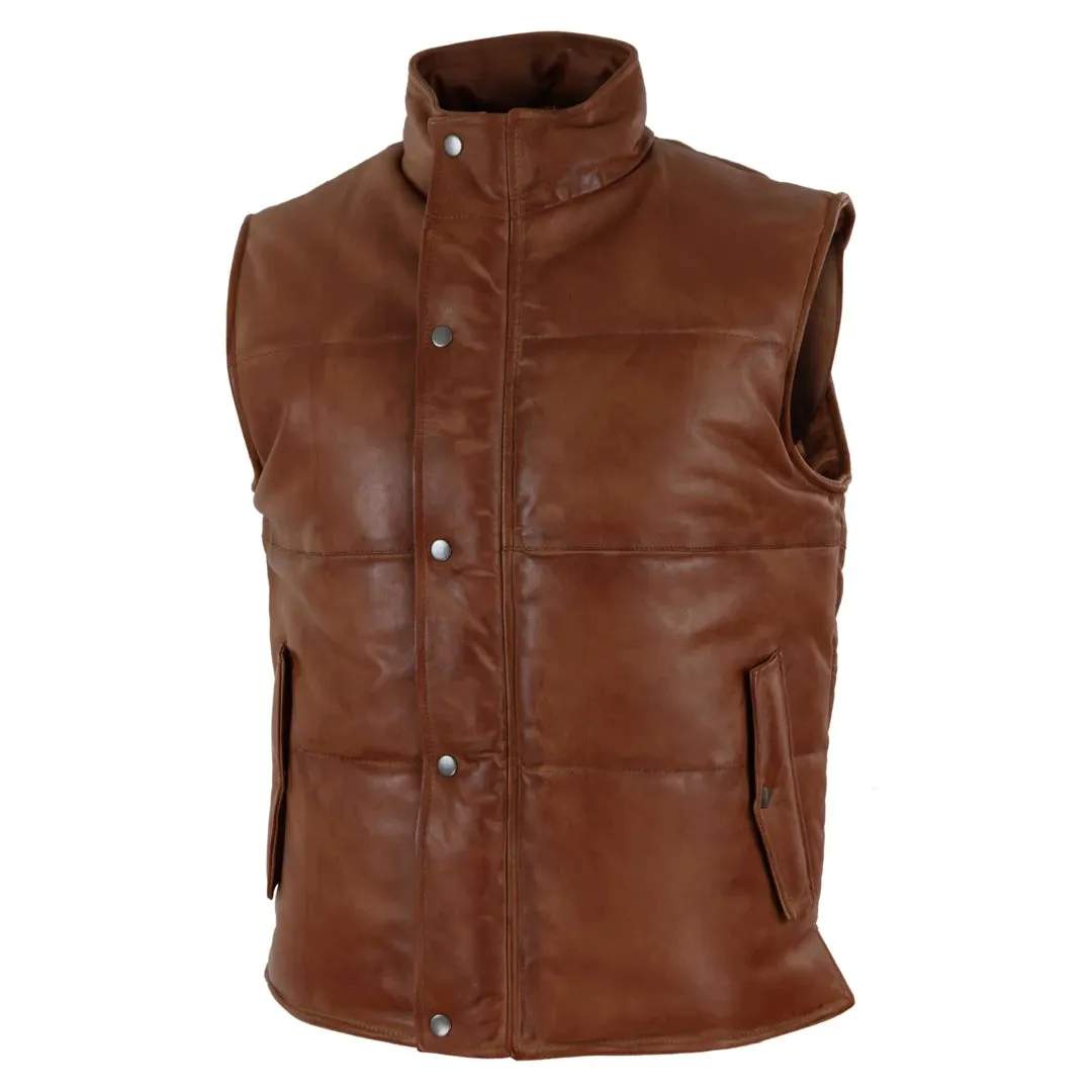 Men's Leather Waistcoat Gilet Quilted Puffer Warm Zip