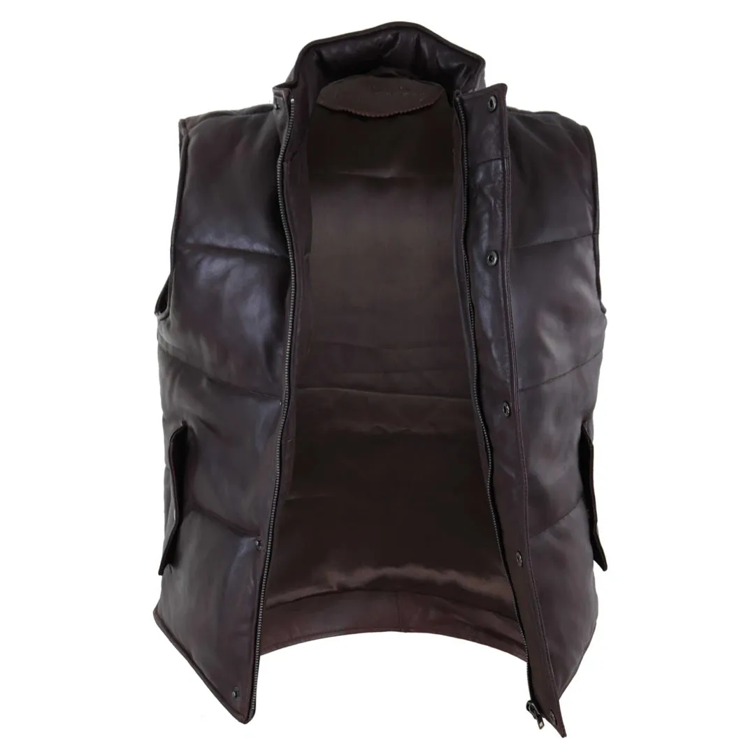 Men's Leather Waistcoat Gilet Quilted Puffer Warm Zip