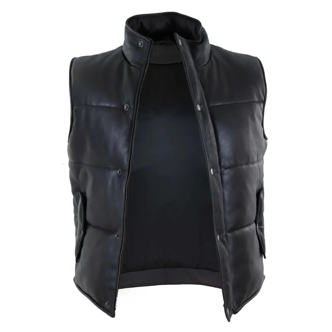 Men's Leather Waistcoat Gilet Quilted Puffer Warm Zip