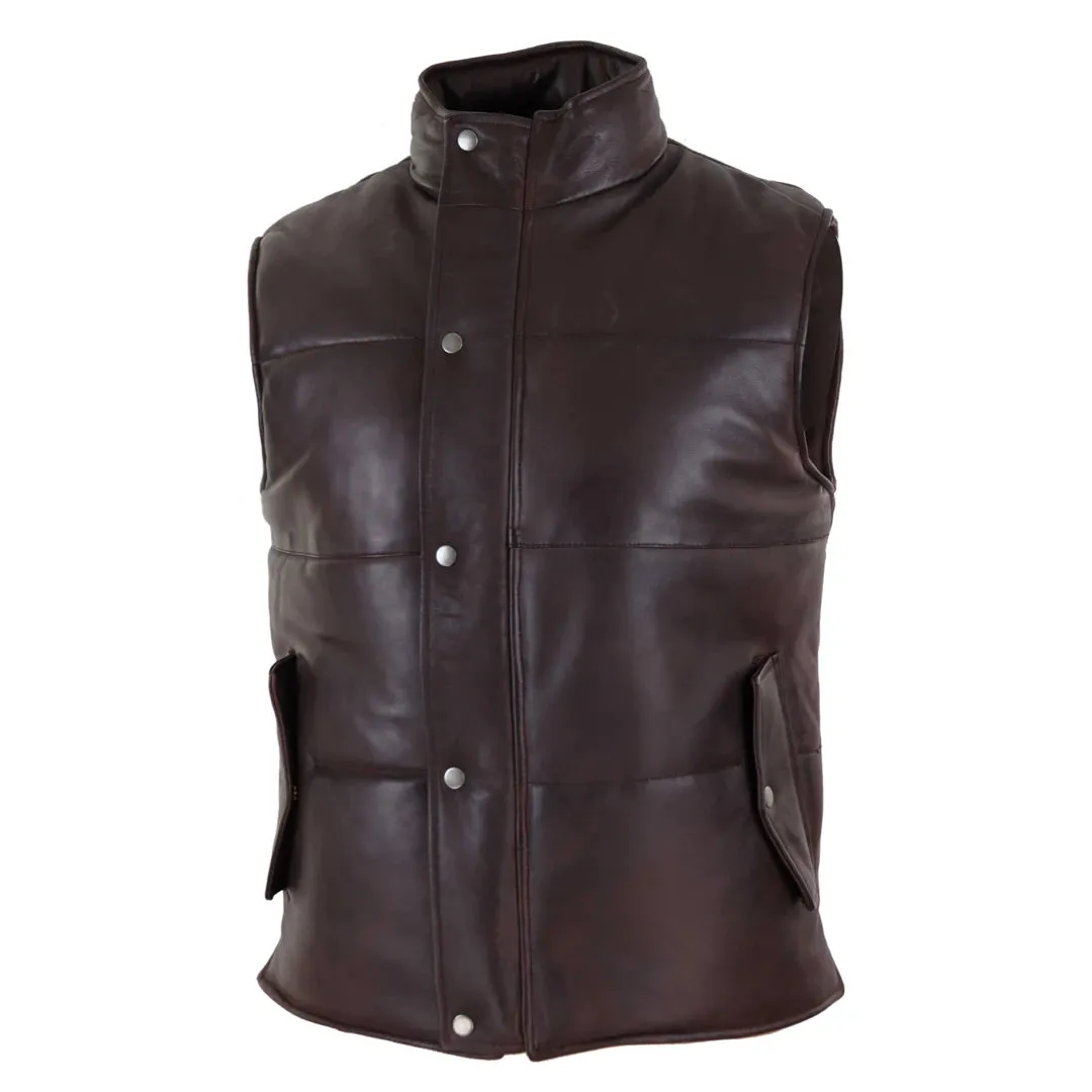 Men's Leather Waistcoat Gilet Quilted Puffer Warm Zip