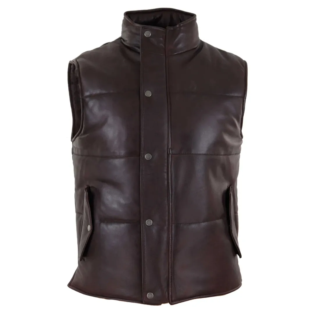 Men's Leather Waistcoat Gilet Quilted Puffer Warm Zip