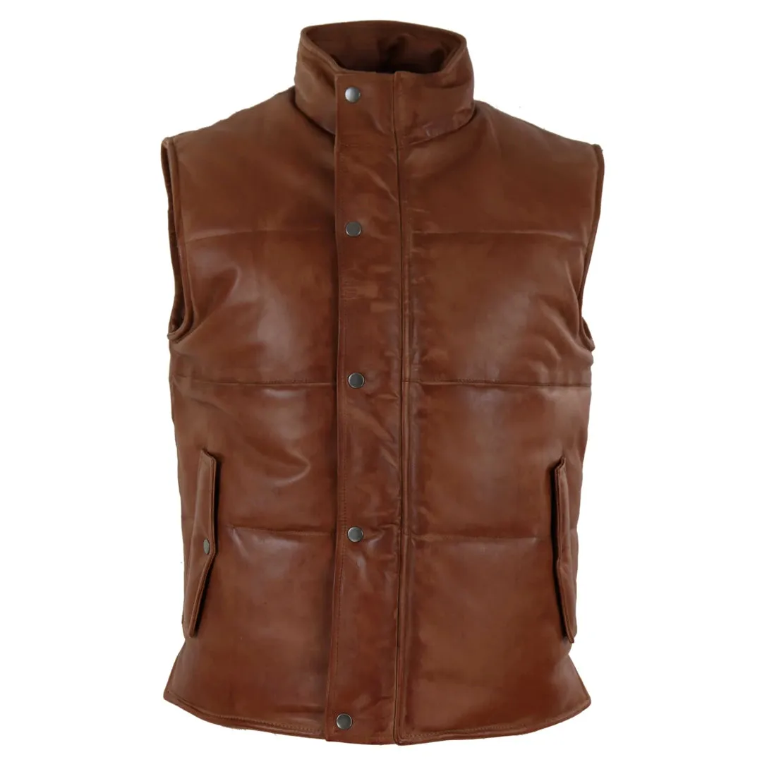 Men's Leather Waistcoat Gilet Quilted Puffer Warm Zip
