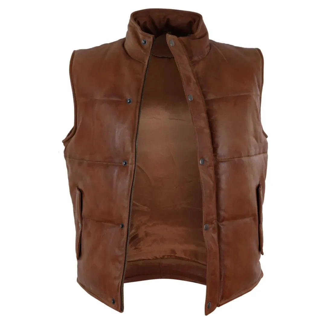 Men's Leather Waistcoat Gilet Quilted Puffer Warm Zip