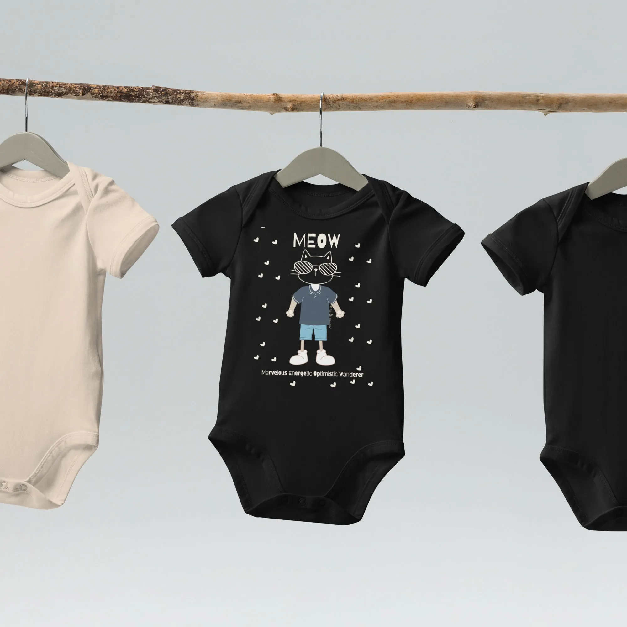 MEOW, Cat themed Organic cotton baby bodysuit
