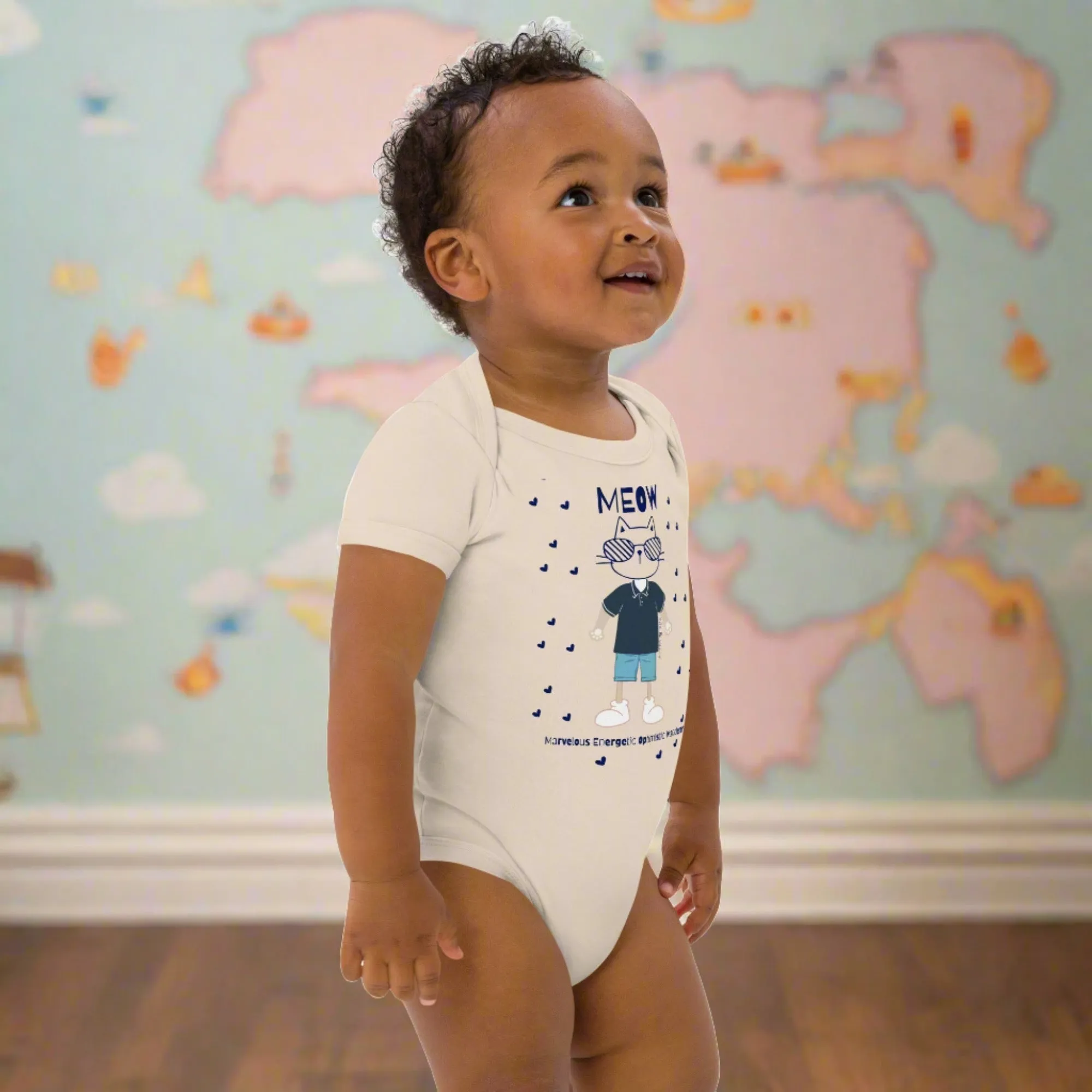 MEOW, Cat themed Organic cotton baby bodysuit