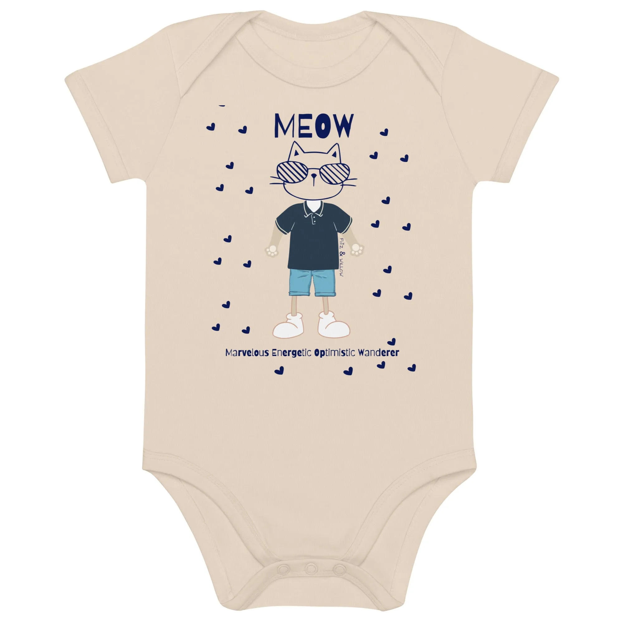 MEOW, Cat themed Organic cotton baby bodysuit