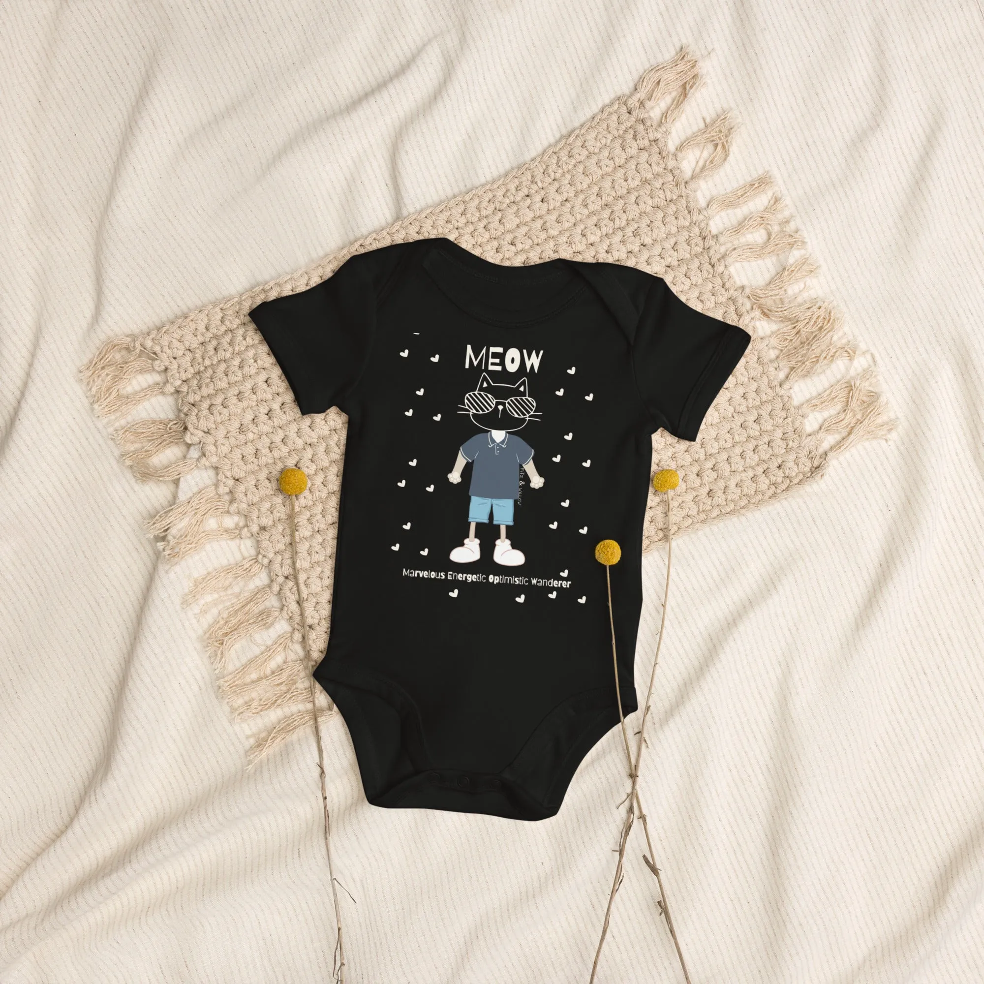MEOW, Cat themed Organic cotton baby bodysuit
