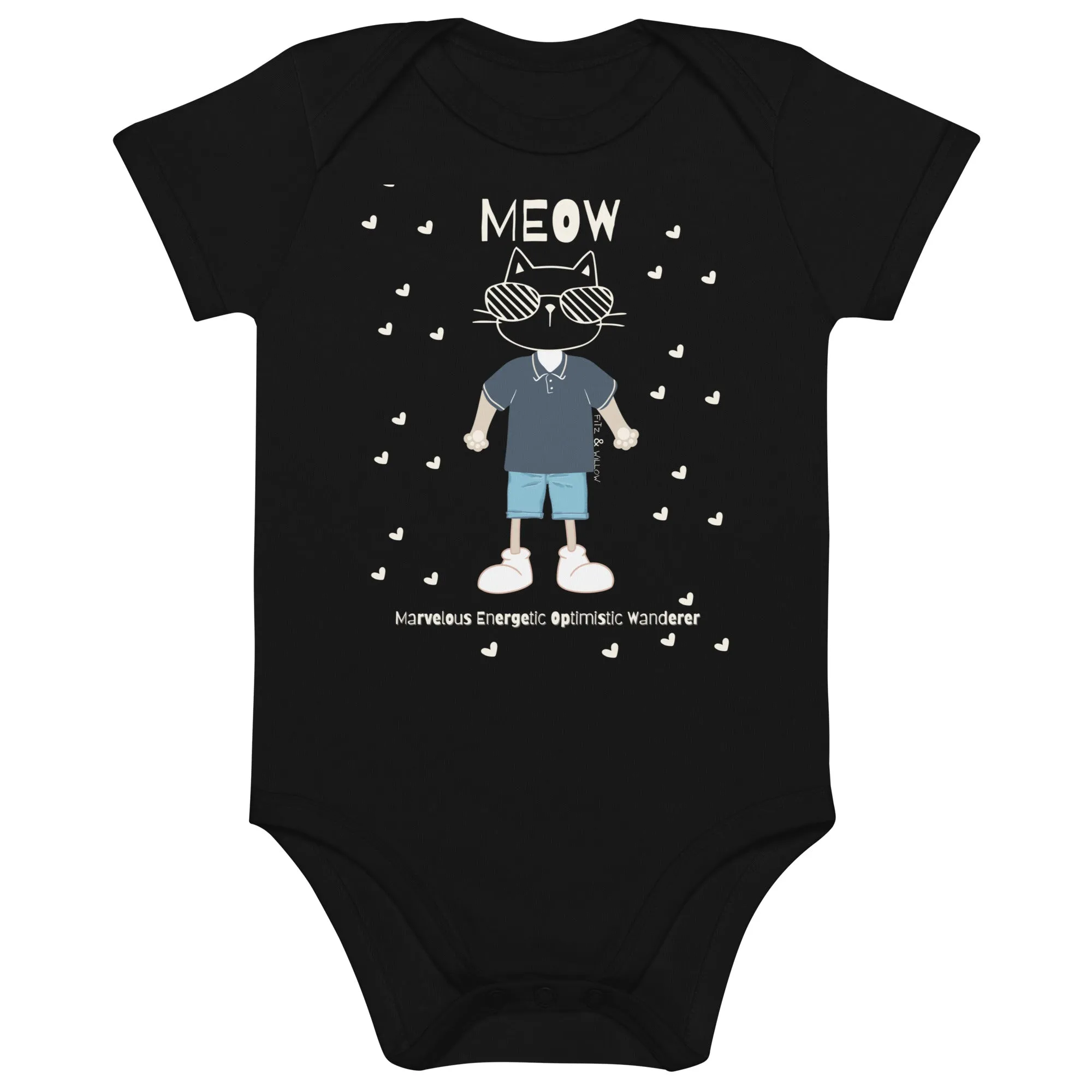 MEOW, Cat themed Organic cotton baby bodysuit