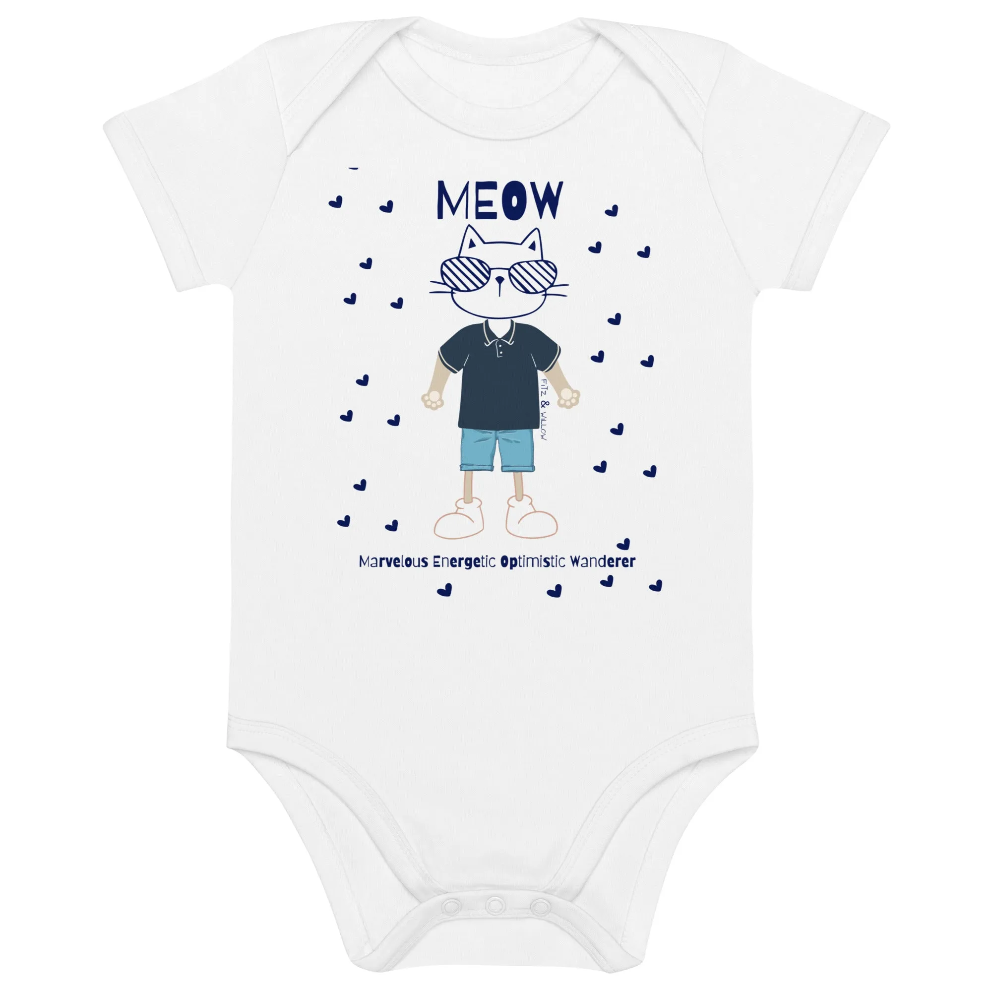 MEOW, Cat themed Organic cotton baby bodysuit