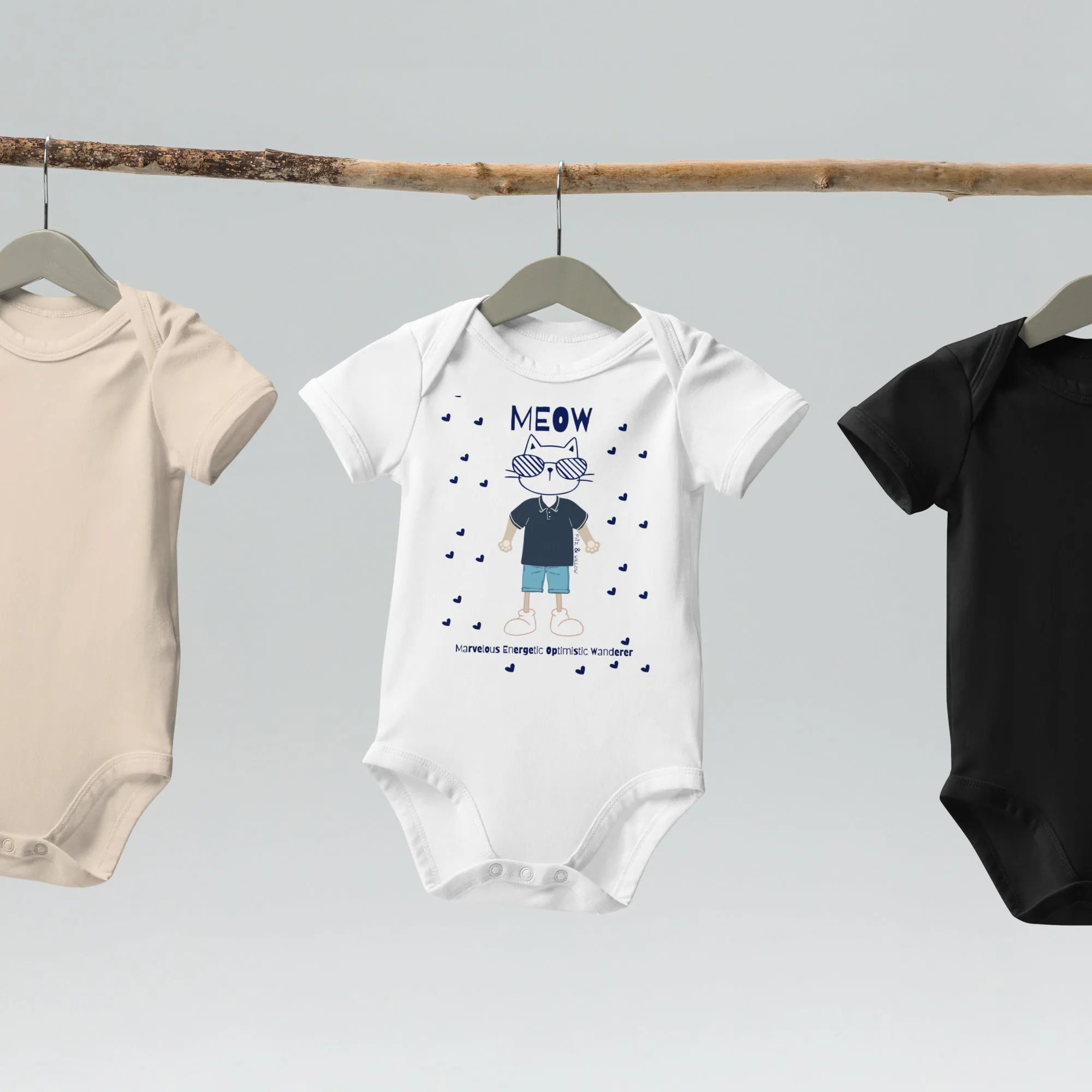 MEOW, Cat themed Organic cotton baby bodysuit