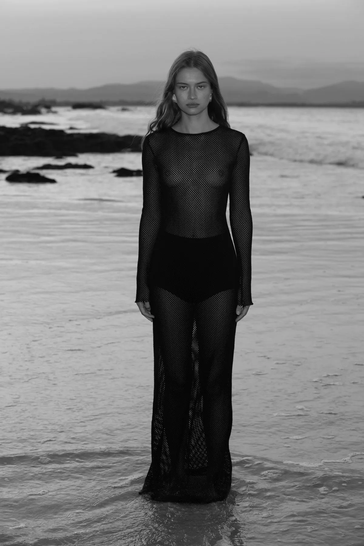 Mesh Long Sleeve Dress - Black