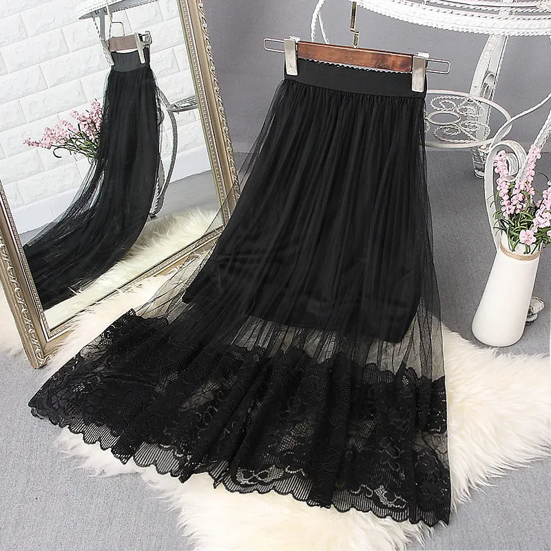 MeshPleated Mid-Length Women Black Lace Skirt