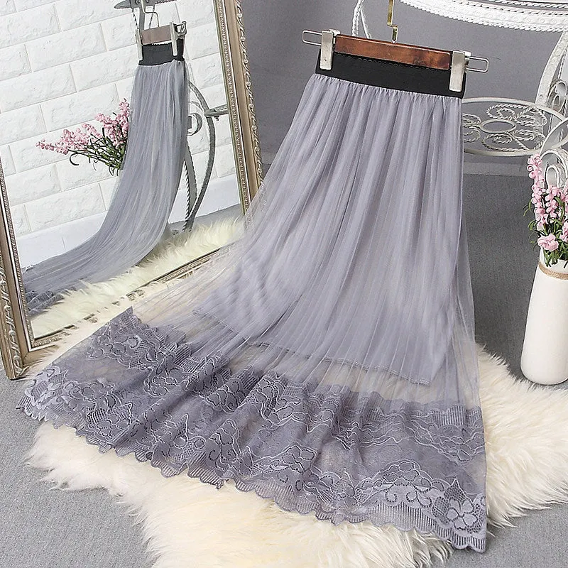 MeshPleated Mid-Length Women Black Lace Skirt