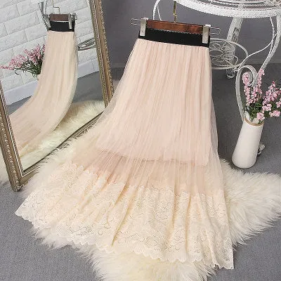 MeshPleated Mid-Length Women Black Lace Skirt