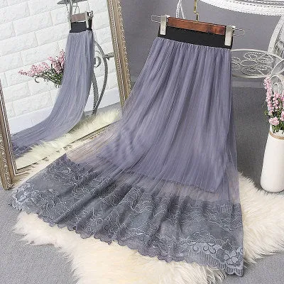 MeshPleated Mid-Length Women Black Lace Skirt