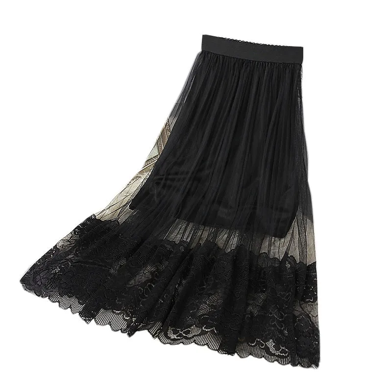 MeshPleated Mid-Length Women Black Lace Skirt