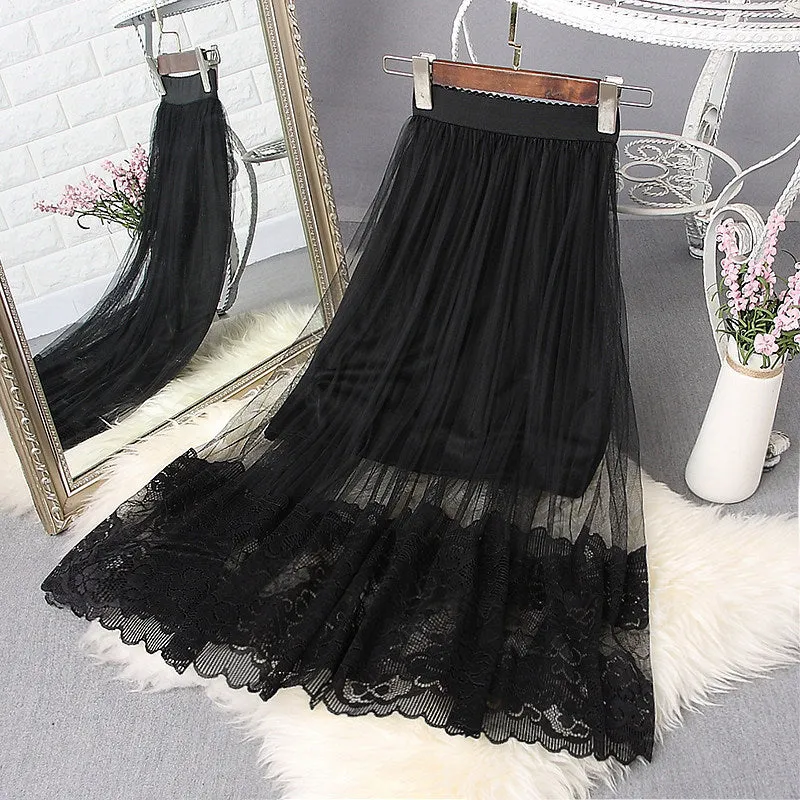MeshPleated Mid-Length Women Black Lace Skirt
