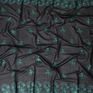 Midnight Black Cotton Voile with Teal Embroidery for Sudanese Thobe - 140cm x 4.5 Mtrs piece-D18592