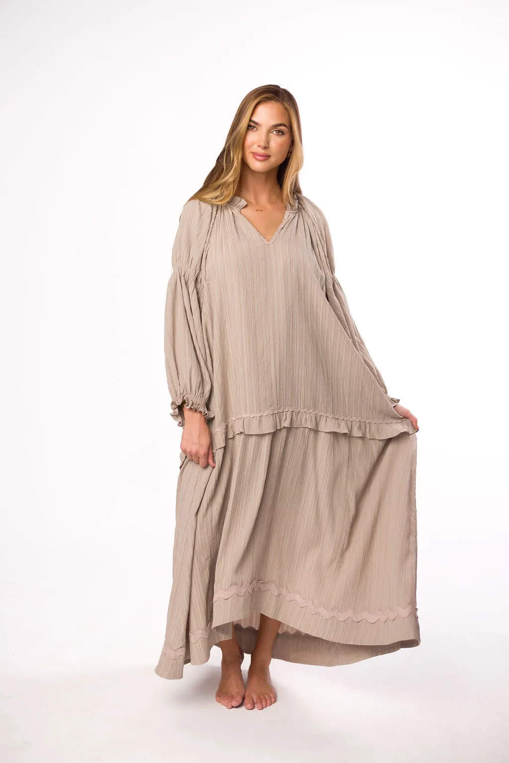 Millie Textured Tiered Maxi Dress in Light Mocha