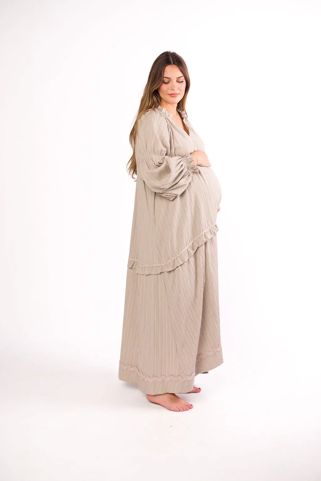Millie Textured Tiered Maxi Dress in Light Mocha